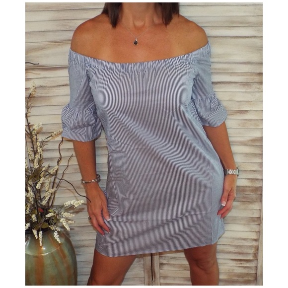 Off Shoulder Pin Striped Dress Blue White 1418 - Picture 2 of 8